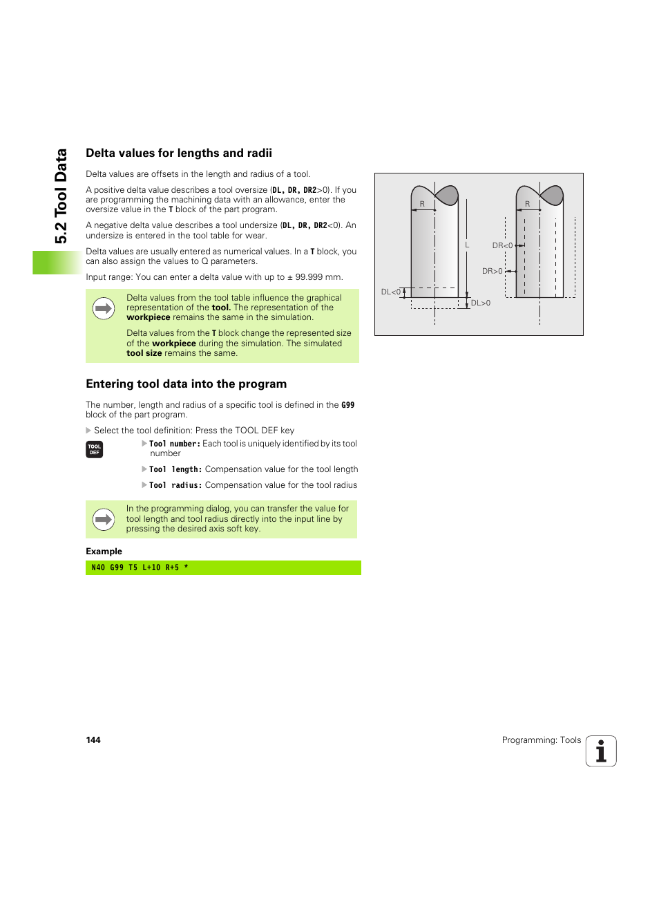 Delta values for lengths and radii, Entering tool data into the program, 2 t ool d a ta | HEIDENHAIN TNC 640 (34059x-01) ISO programming User Manual | Page 144 / 519