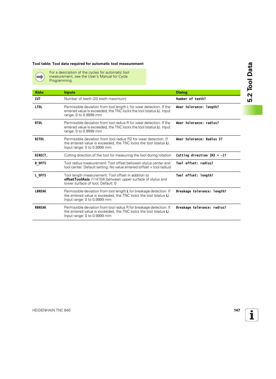 2 t ool d a ta | HEIDENHAIN TNC 640 (34059x-01) ISO programming User Manual | Page 147 / 519