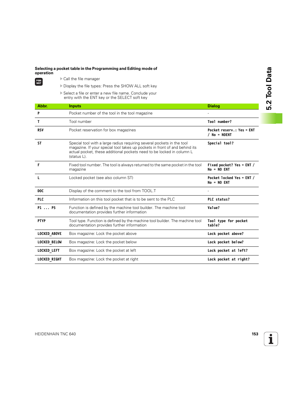 2 t ool d a ta | HEIDENHAIN TNC 640 (34059x-01) ISO programming User Manual | Page 153 / 519