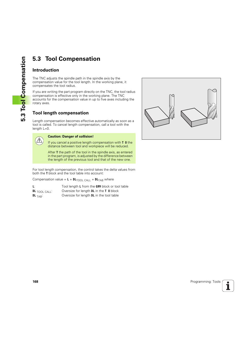 3 tool compensation, Introduction, Tool length compensation | 3 t ool compensation 5.3 tool compensation | HEIDENHAIN TNC 640 (34059x-01) ISO programming User Manual | Page 168 / 519