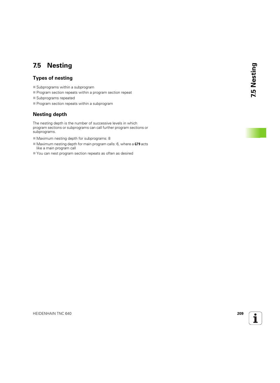 5 nesting, Types of nesting, Nesting depth | 5 nesting 7.5 nesting | HEIDENHAIN TNC 640 (34059x-01) ISO programming User Manual | Page 209 / 519