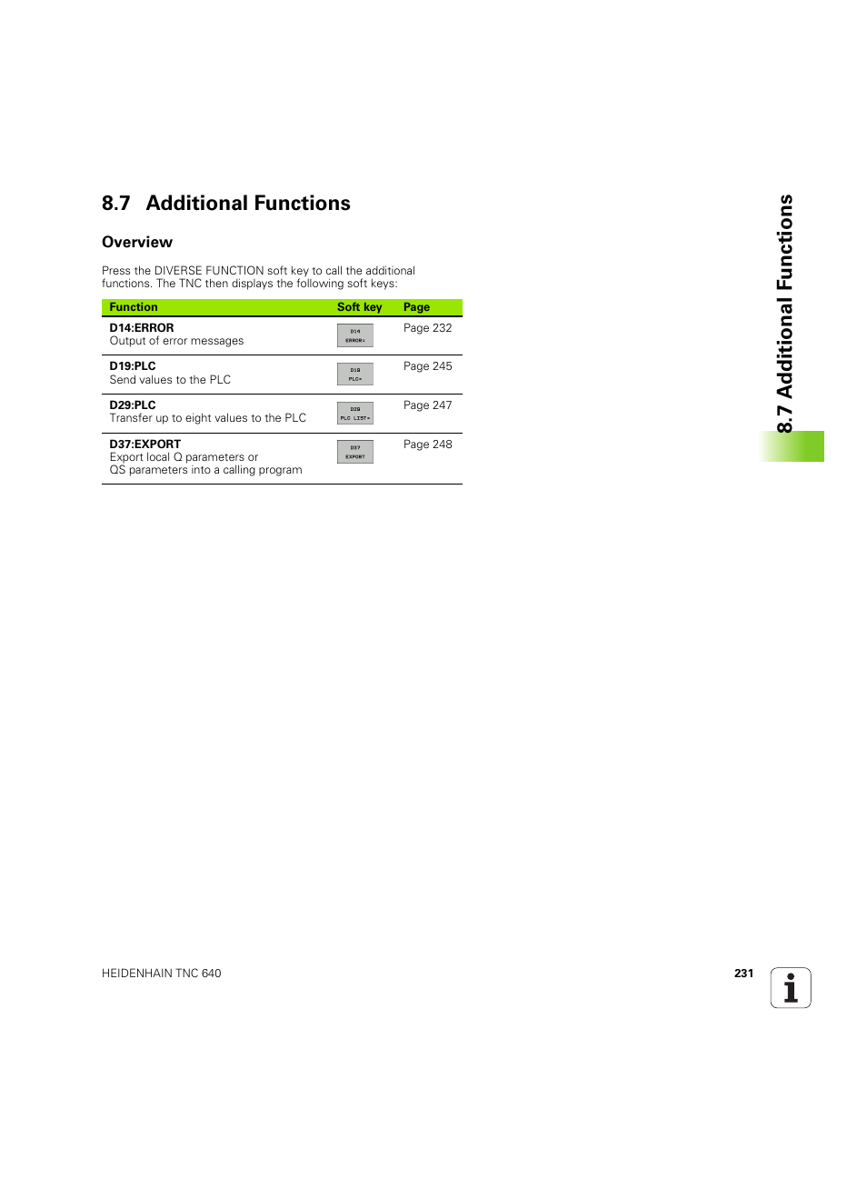 7 additional functions, Overview, 7 a d ditional f unctions 8.7 additional functions | HEIDENHAIN TNC 640 (34059x-01) ISO programming User Manual | Page 231 / 519