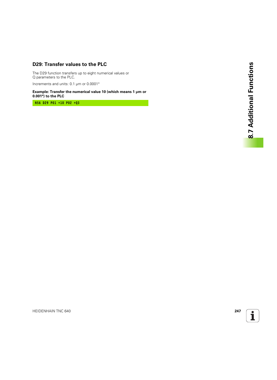 D29: transfer values to the plc, 7 a d ditional f unctions | HEIDENHAIN TNC 640 (34059x-01) ISO programming User Manual | Page 247 / 519