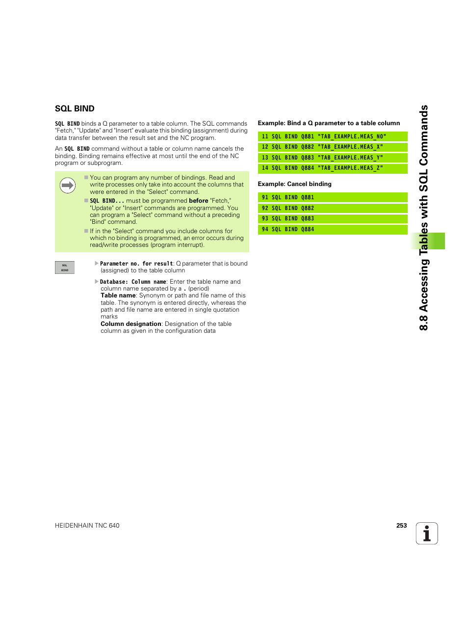 Sql bind, 8 a c cessing t a bles with sql commands | HEIDENHAIN TNC 640 (34059x-01) ISO programming User Manual | Page 253 / 519