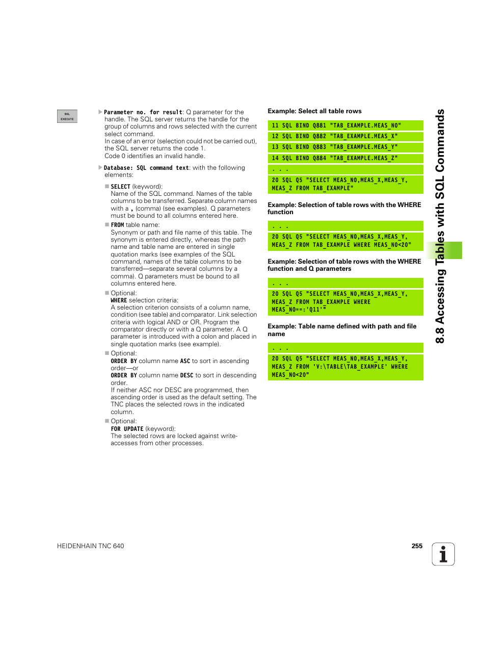 8 a c cessing t a bles with sql commands | HEIDENHAIN TNC 640 (34059x-01) ISO programming User Manual | Page 255 / 519