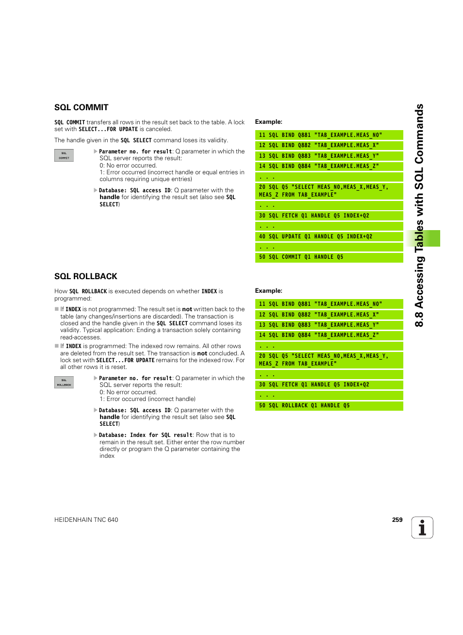 Sql commit, Sql rollback, 8 a c cessing t a bles with sql commands | HEIDENHAIN TNC 640 (34059x-01) ISO programming User Manual | Page 259 / 519