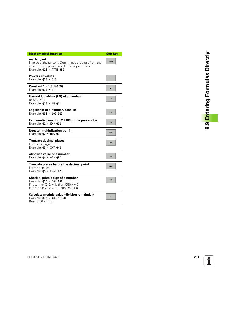 9 ent er ing f o rm ulas dir e ctly | HEIDENHAIN TNC 640 (34059x-01) ISO programming User Manual | Page 261 / 519