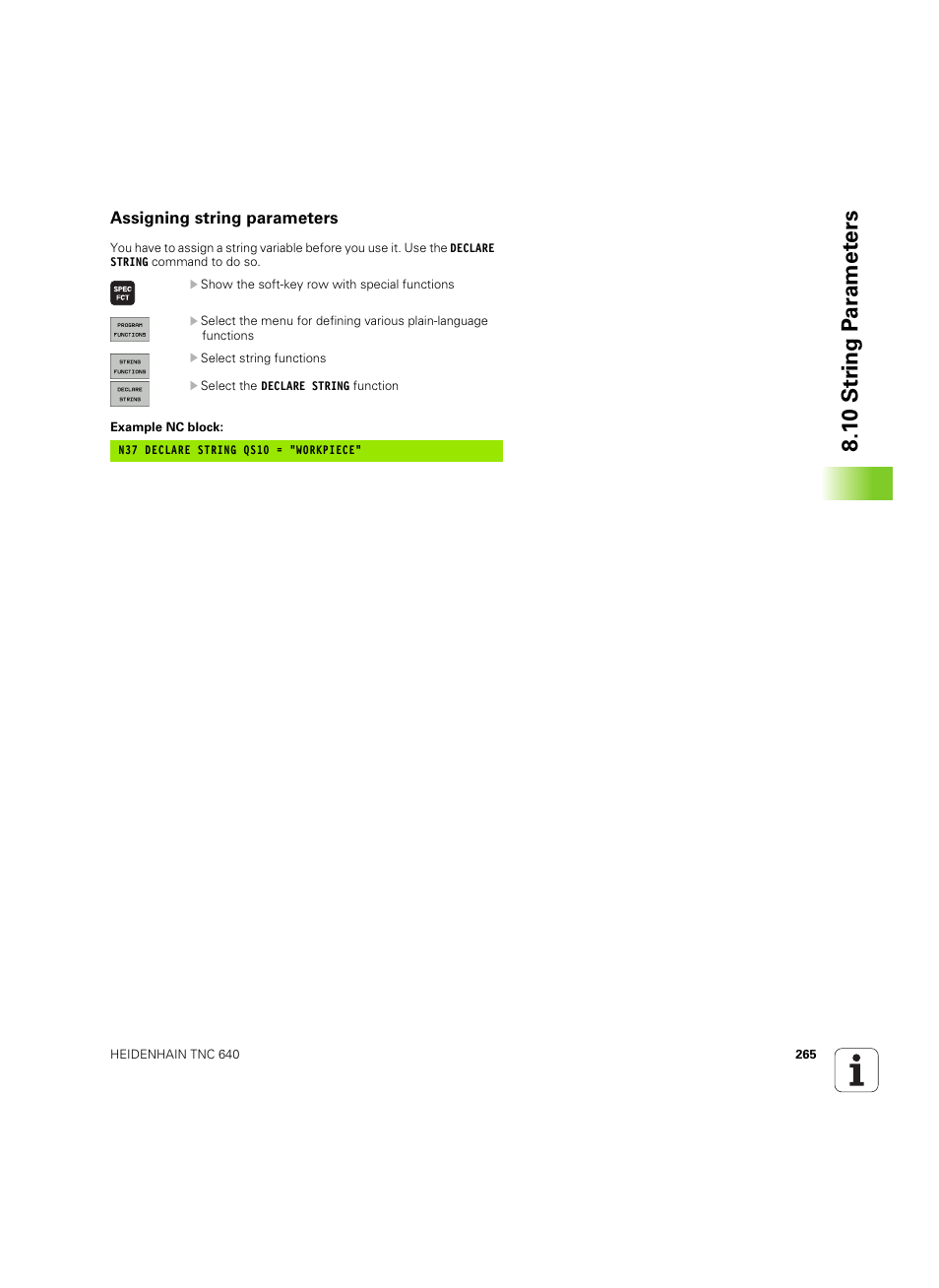 Assigning string parameters, 1 0 str ing p a ra met e rs | HEIDENHAIN TNC 640 (34059x-01) ISO programming User Manual | Page 265 / 519