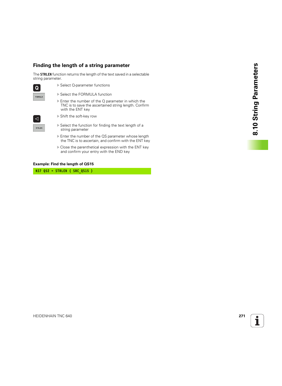 Finding the length of a string parameter, 1 0 str ing p a ra met e rs | HEIDENHAIN TNC 640 (34059x-01) ISO programming User Manual | Page 271 / 519