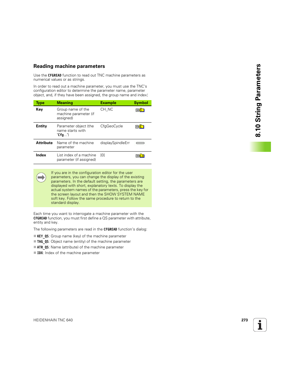 Reading machine parameters, 1 0 str ing p a ra met e rs | HEIDENHAIN TNC 640 (34059x-01) ISO programming User Manual | Page 273 / 519