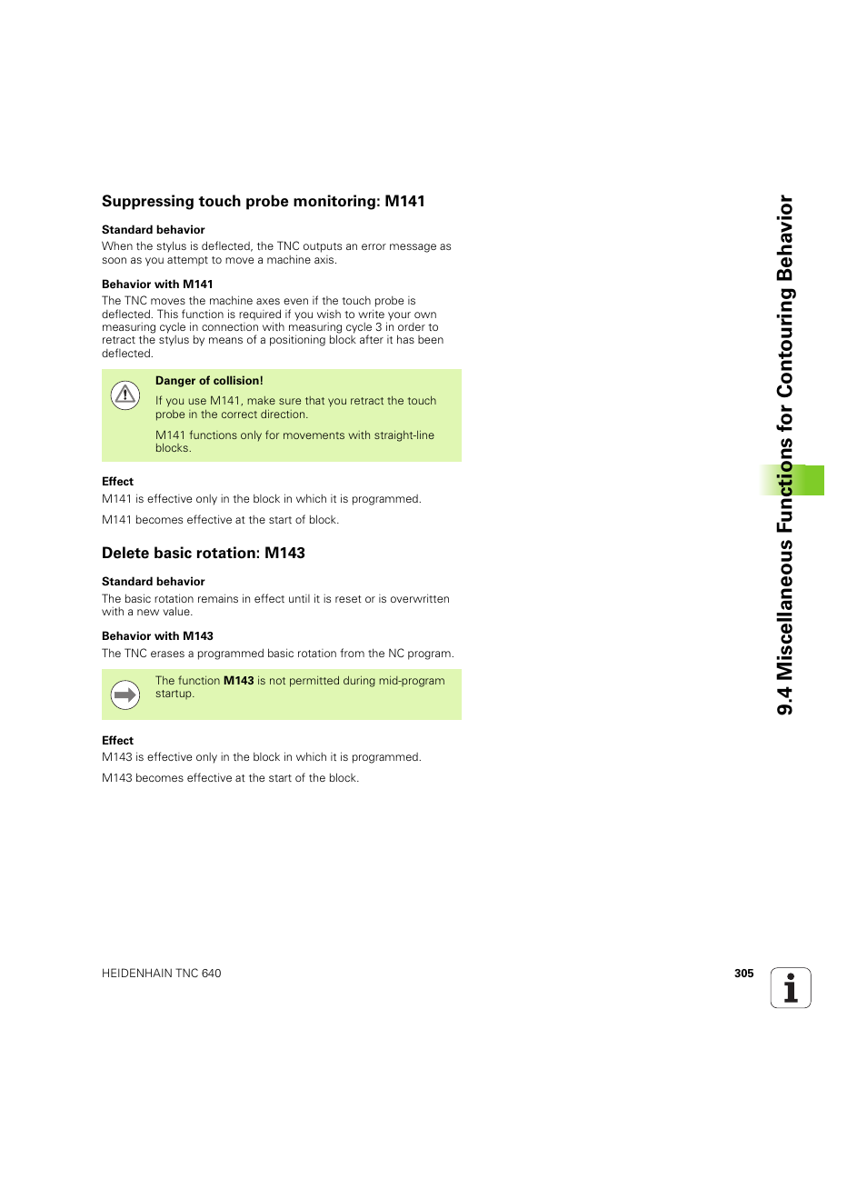 Suppressing touch probe monitoring: m141, Delete basic rotation: m143 | HEIDENHAIN TNC 640 (34059x-01) ISO programming User Manual | Page 305 / 519