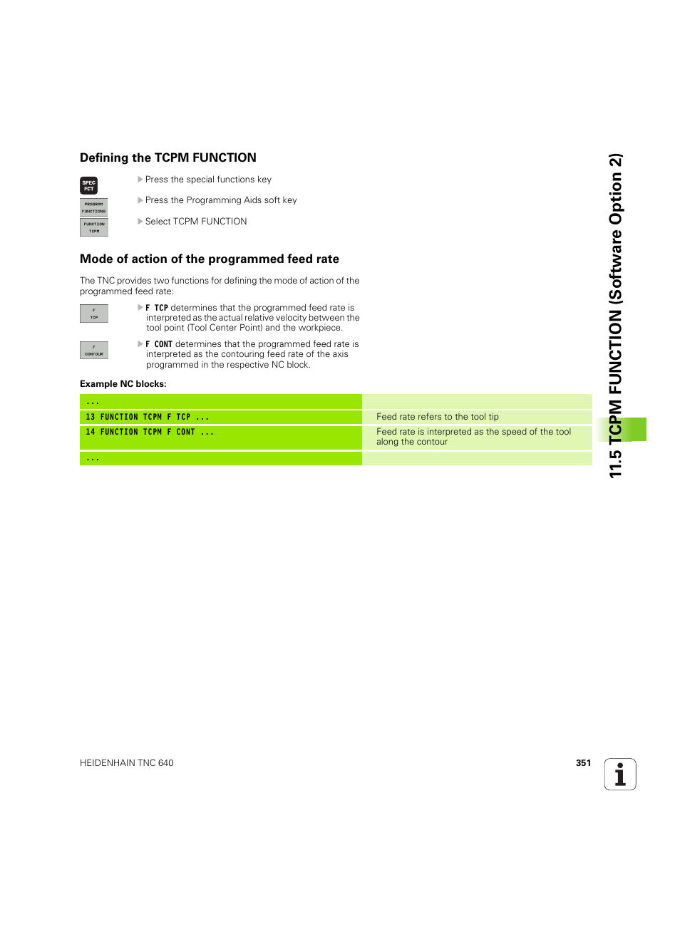 Defining the tcpm function, Mode of action of the programmed feed rate, 5 tcpm function (sof tw ar e option 2) | HEIDENHAIN TNC 640 (34059x-01) ISO programming User Manual | Page 351 / 519