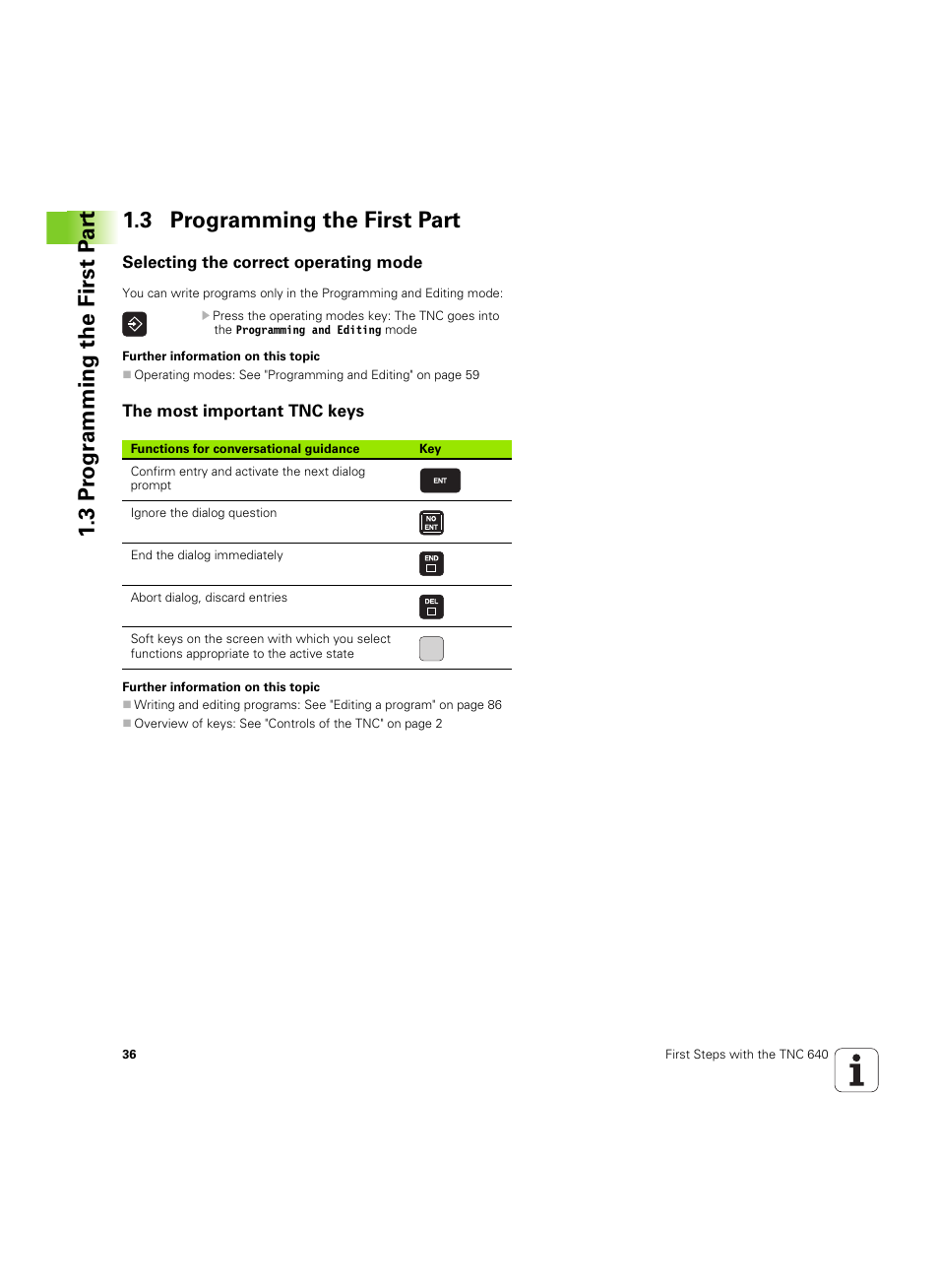 3 programming the first part, Selecting the correct operating mode, The most important tnc keys | HEIDENHAIN TNC 640 (34059x-01) ISO programming User Manual | Page 36 / 519