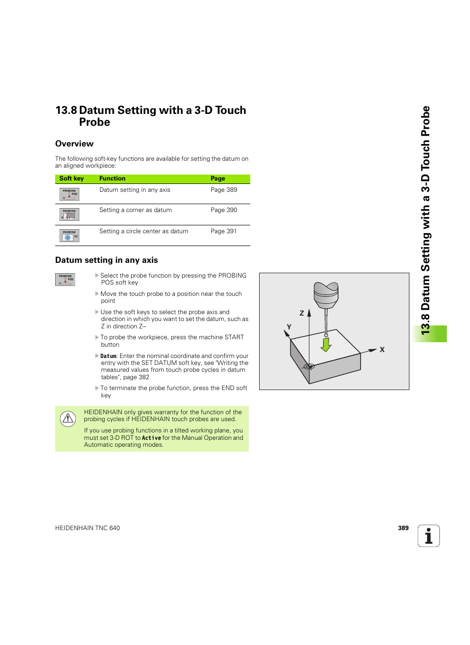 8 datum setting with a 3-d touch probe, Overview, Datum setting in any axis | HEIDENHAIN TNC 640 (34059x-01) ISO programming User Manual | Page 389 / 519