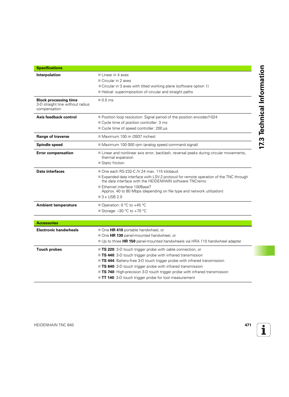 3 t e c hnical inf o rm ation | HEIDENHAIN TNC 640 (34059x-01) ISO programming User Manual | Page 471 / 519