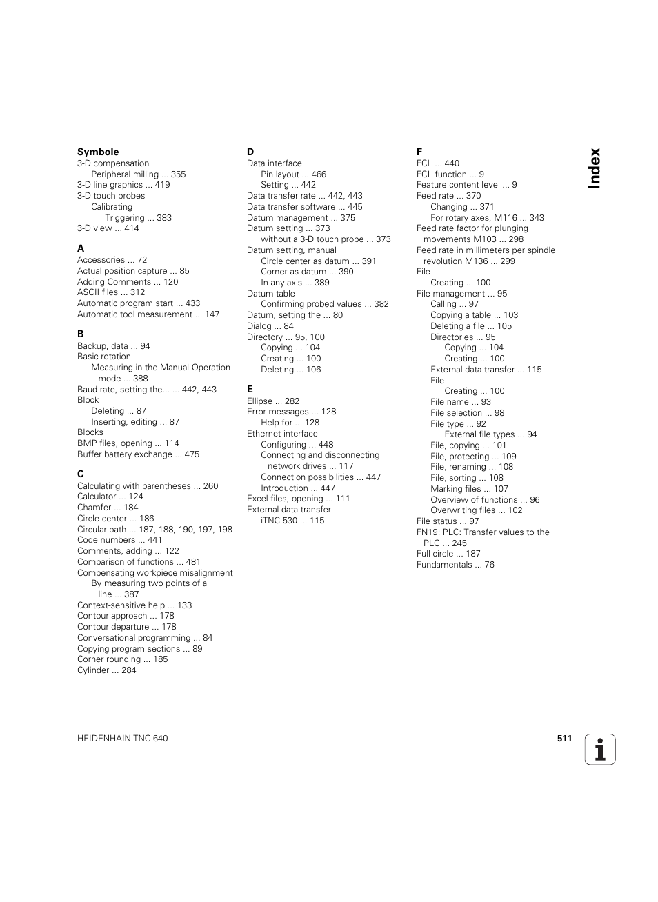 Index | HEIDENHAIN TNC 640 (34059x-01) ISO programming User Manual | Page 511 / 519