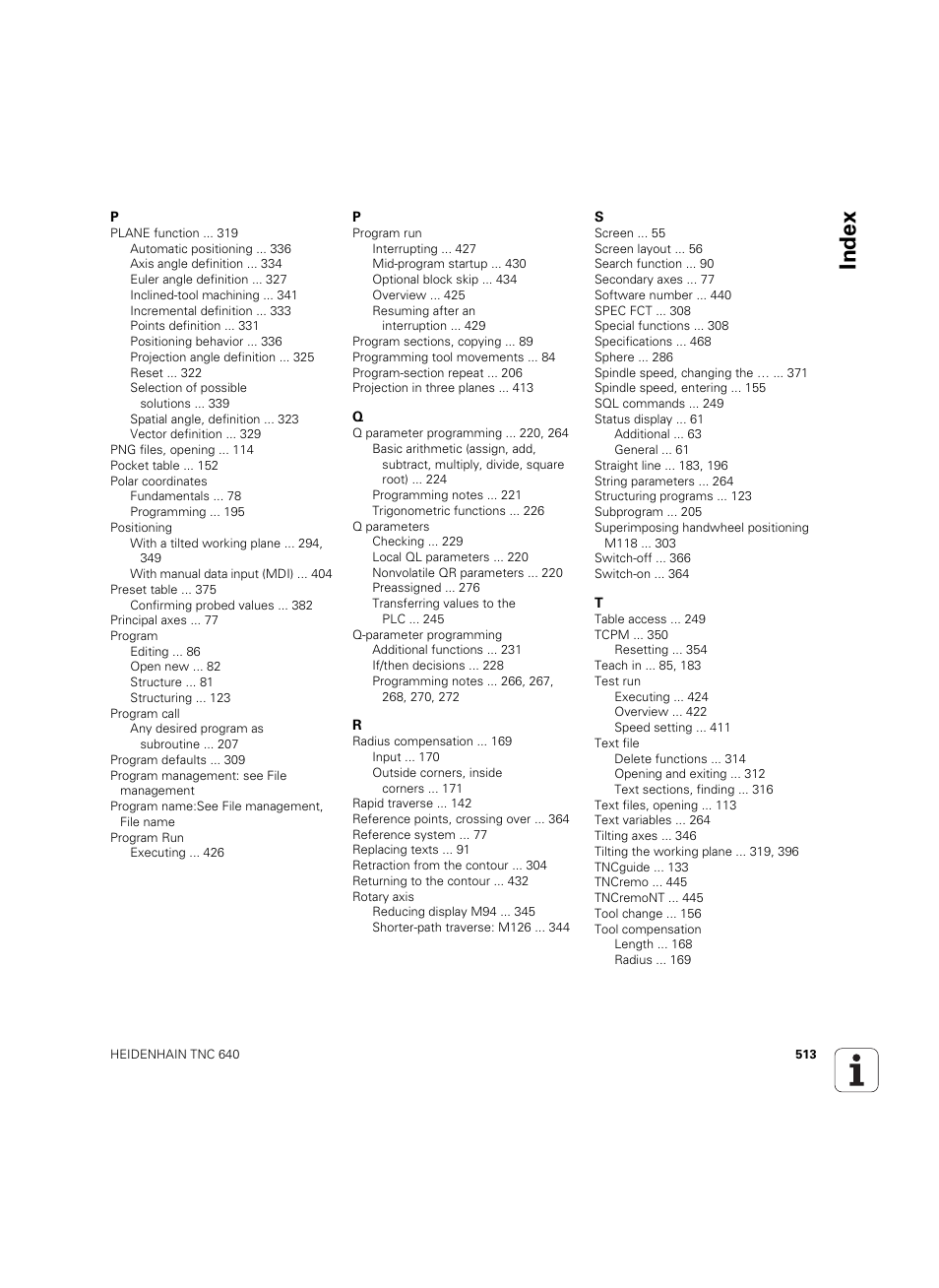 Index | HEIDENHAIN TNC 640 (34059x-01) ISO programming User Manual | Page 513 / 519