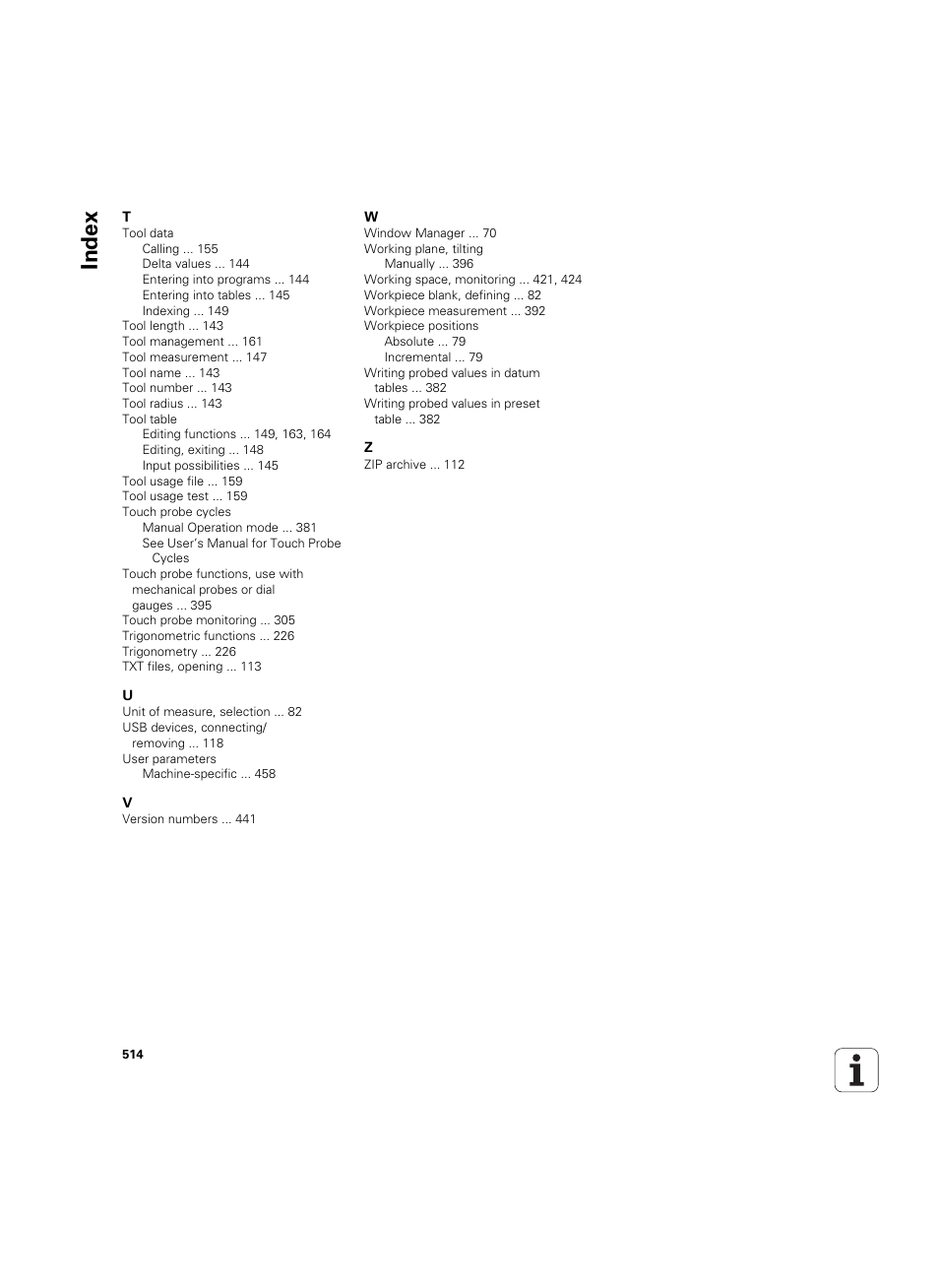 Index | HEIDENHAIN TNC 640 (34059x-01) ISO programming User Manual | Page 514 / 519