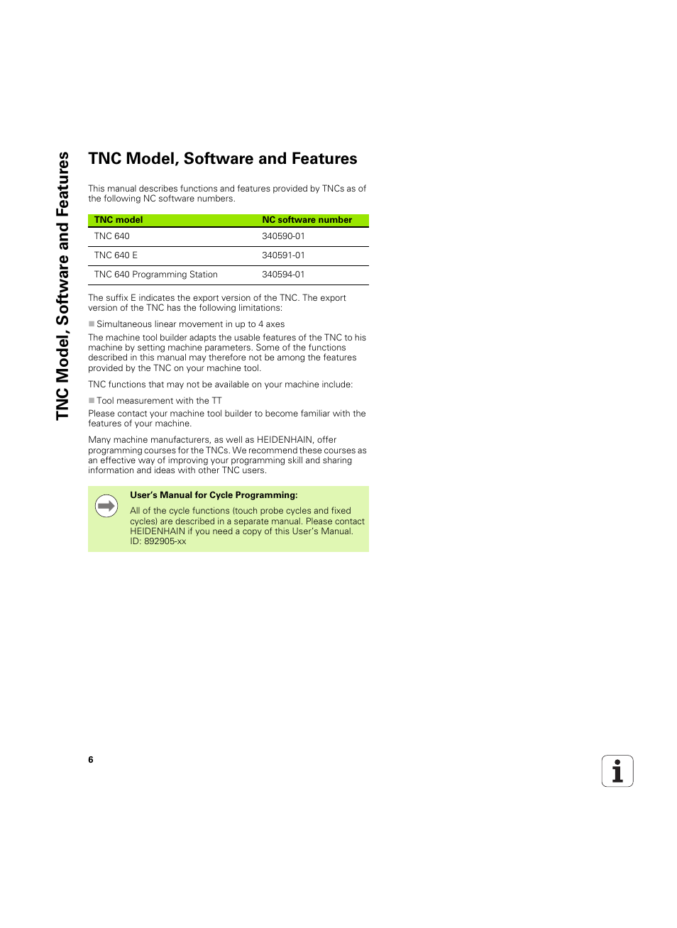 Tnc model, software and features | HEIDENHAIN TNC 640 (34059x-01) ISO programming User Manual | Page 6 / 519