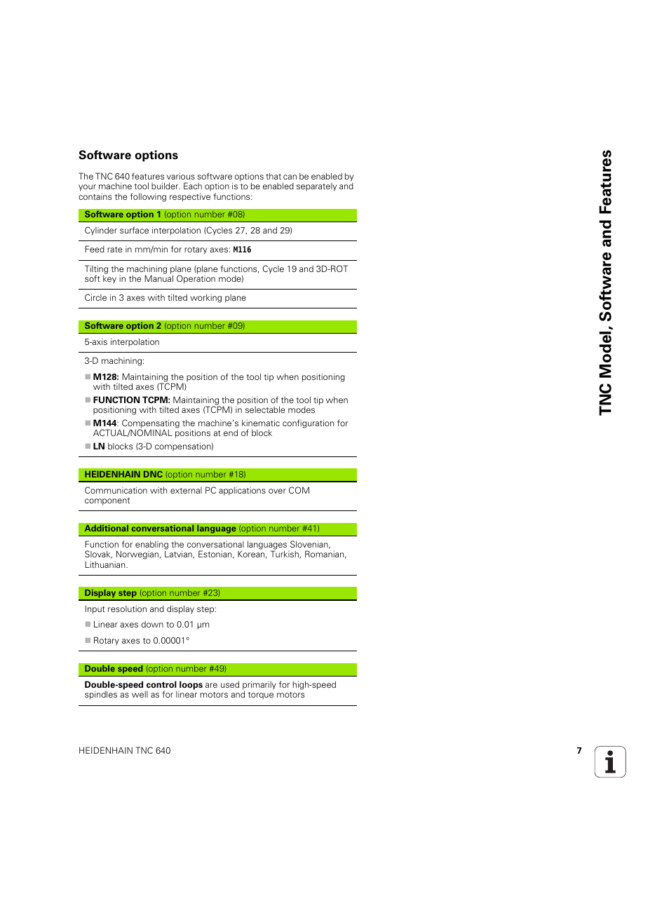 Software options, Tnc model, sof tw a re and f eat ur es | HEIDENHAIN TNC 640 (34059x-01) ISO programming User Manual | Page 7 / 519