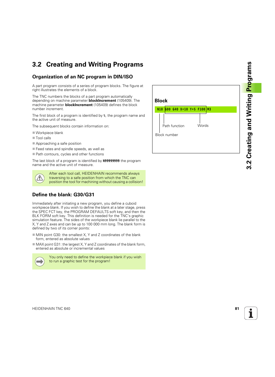 2 creating and writing programs, Organization of an nc program in din/iso, Define the blank: g30/g31 | HEIDENHAIN TNC 640 (34059x-01) ISO programming User Manual | Page 81 / 519