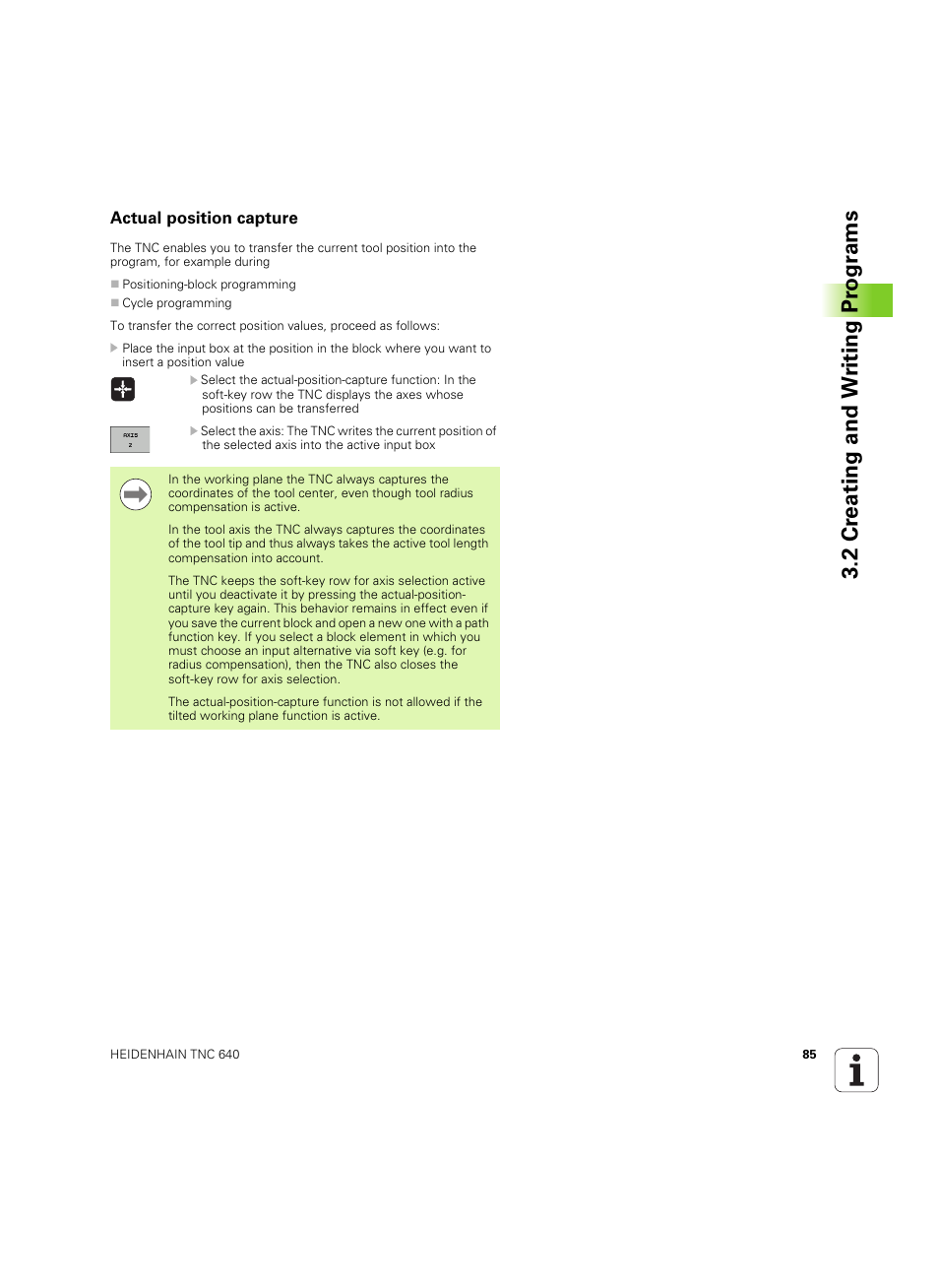 Actual position capture, 2 cr eating and w riting pr ogr a ms | HEIDENHAIN TNC 640 (34059x-01) ISO programming User Manual | Page 85 / 519