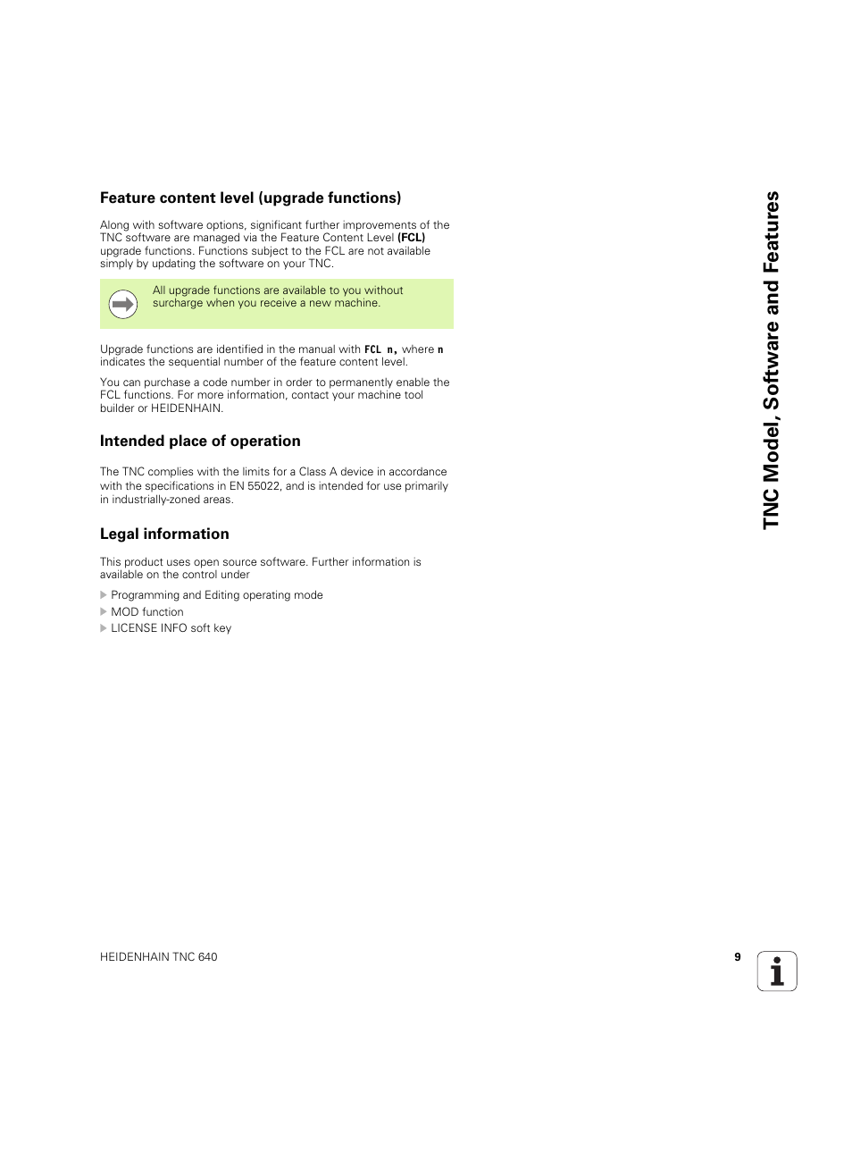 Feature content level (upgrade functions), Intended place of operation, Legal information | Tnc model, sof tw a re and f eat ur es | HEIDENHAIN TNC 640 (34059x-01) ISO programming User Manual | Page 9 / 519