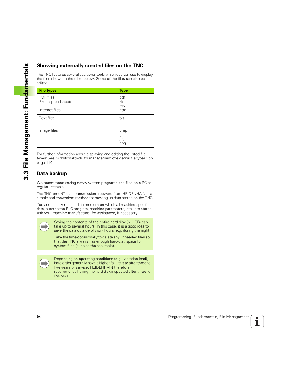 Showing externally created files on the tnc, Data backup, 3 file manag e ment: f undamentals | HEIDENHAIN TNC 640 (34059x-01) ISO programming User Manual | Page 94 / 519