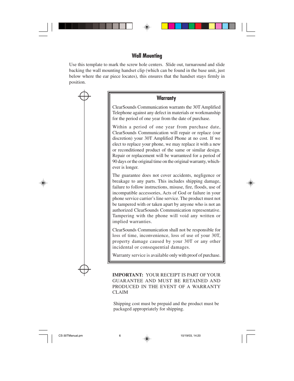 Wall mounting, Warranty | ClearSounds 30T User Manual | Page 6 / 8