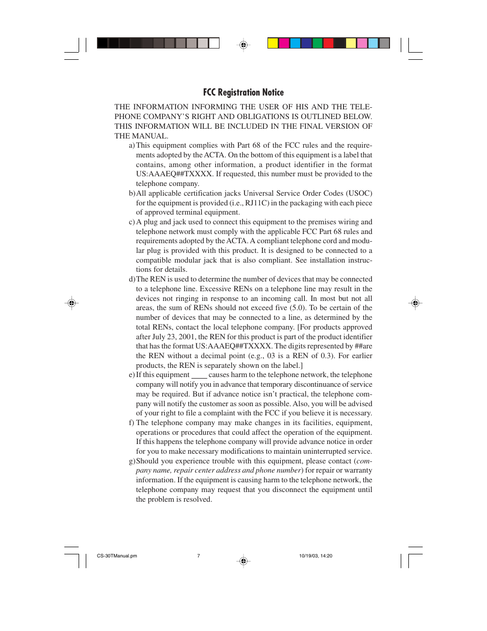 Fcc registration notice | ClearSounds 30T User Manual | Page 7 / 8
