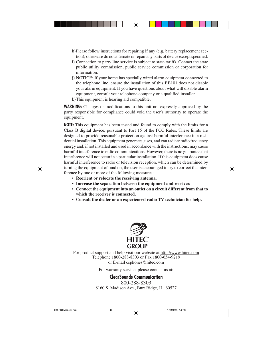 Group | ClearSounds 30T User Manual | Page 8 / 8