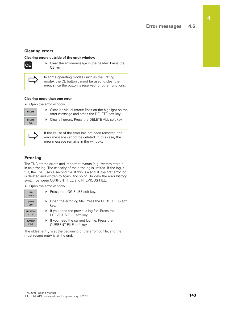 Clearing errors, Error log, Error messages 4.6 | HEIDENHAIN TNC 640 (34059x-02) User Manual | Page 143 / 662