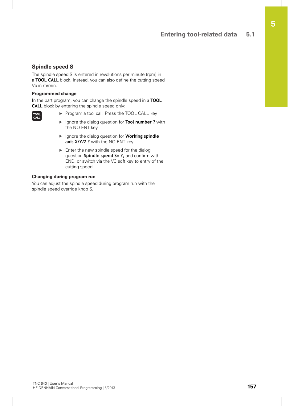 Spindle speed s, Entering tool-related data 5.1 | HEIDENHAIN TNC 640 (34059x-02) User Manual | Page 157 / 662