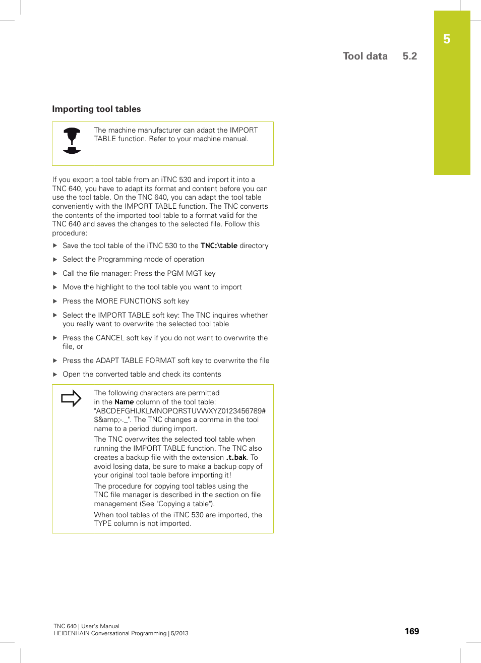 Importing tool tables, Tool data 5.2 | HEIDENHAIN TNC 640 (34059x-02) User Manual | Page 169 / 662