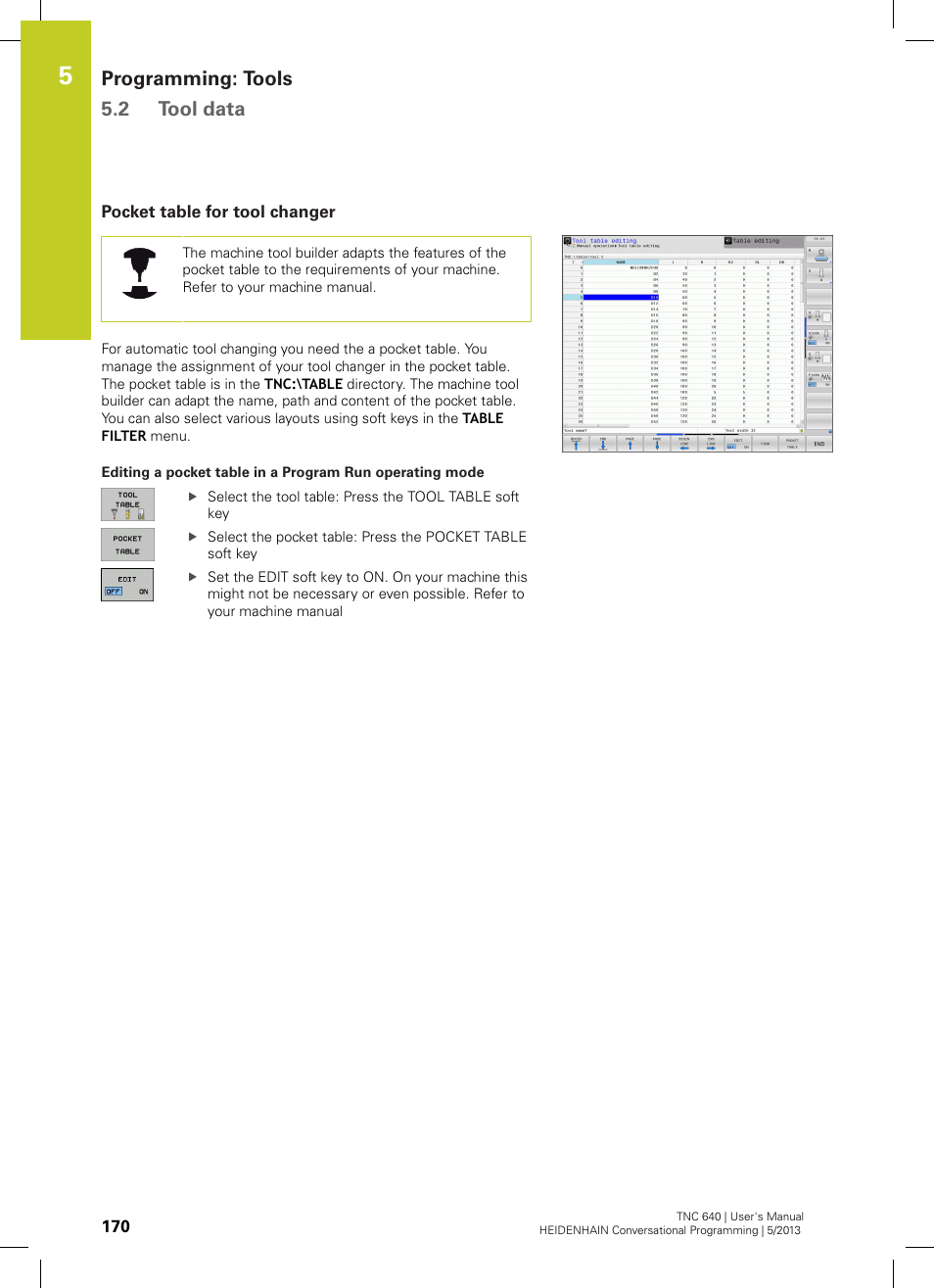 Pocket table for tool changer, Programming: tools 5.2 tool data | HEIDENHAIN TNC 640 (34059x-02) User Manual | Page 170 / 662