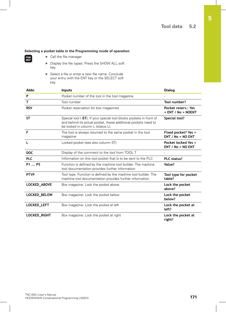Tool data 5.2 | HEIDENHAIN TNC 640 (34059x-02) User Manual | Page 171 / 662