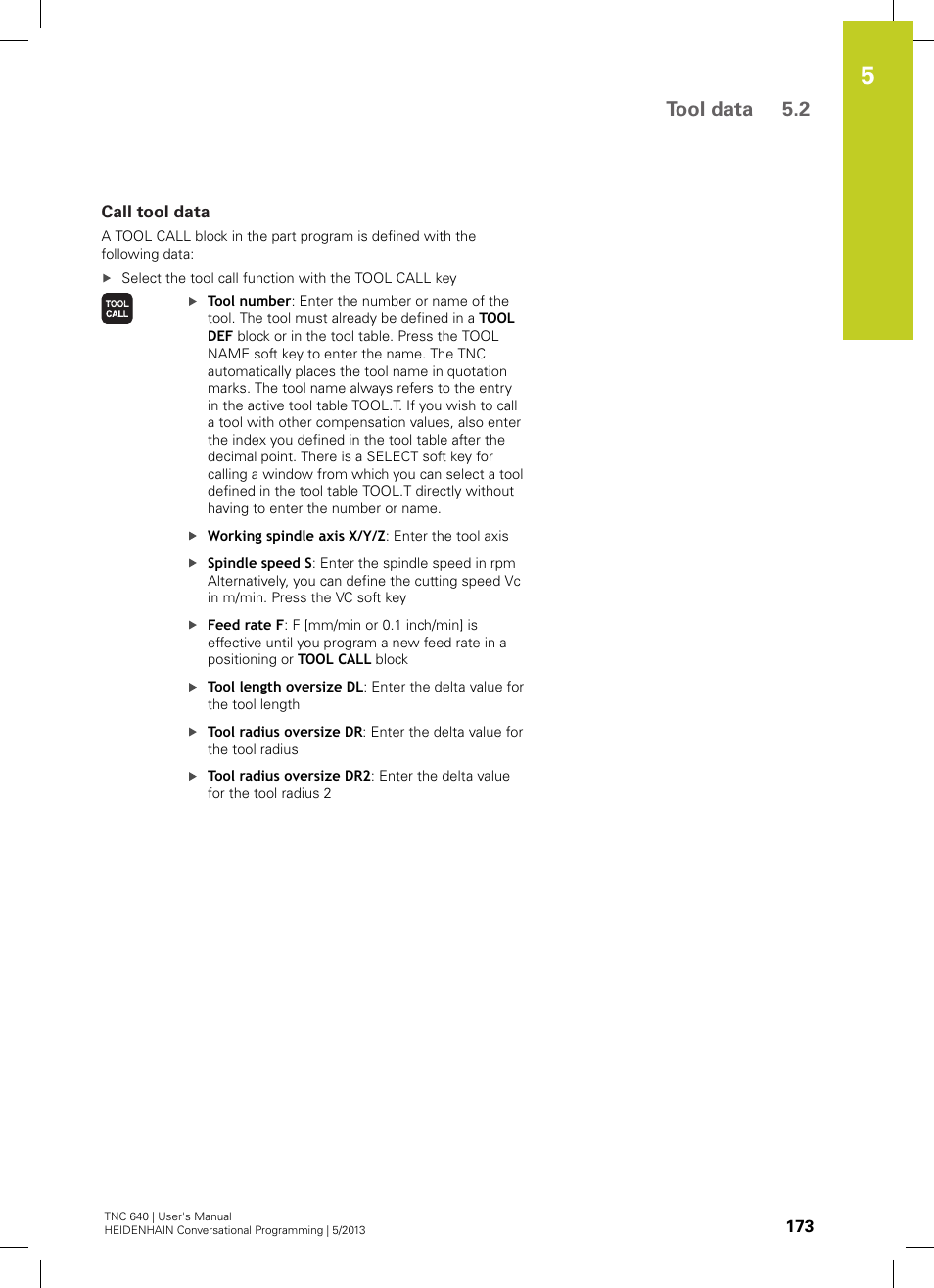 Call tool data, Tool data 5.2 | HEIDENHAIN TNC 640 (34059x-02) User Manual | Page 173 / 662