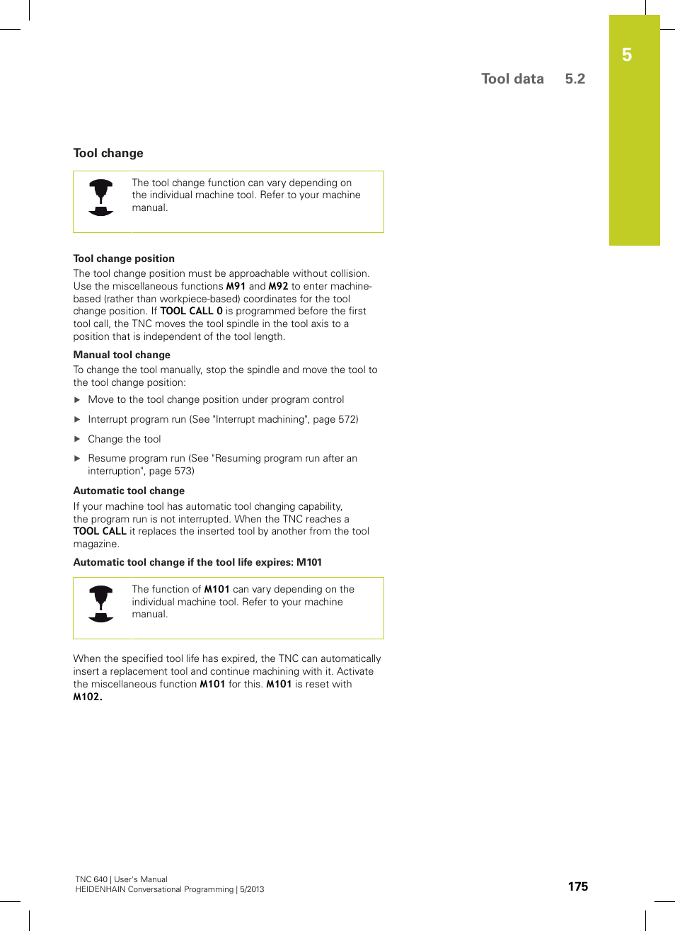 Tool change, Tool data 5.2 | HEIDENHAIN TNC 640 (34059x-02) User Manual | Page 175 / 662