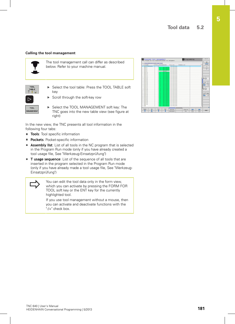 Tool data 5.2 | HEIDENHAIN TNC 640 (34059x-02) User Manual | Page 181 / 662