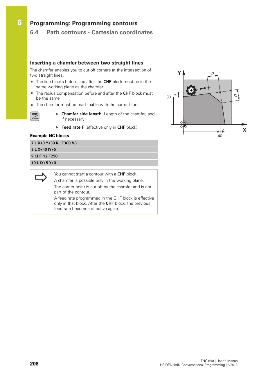 Inserting a chamfer between two straight lines | HEIDENHAIN TNC 640 (34059x-02) User Manual | Page 208 / 662