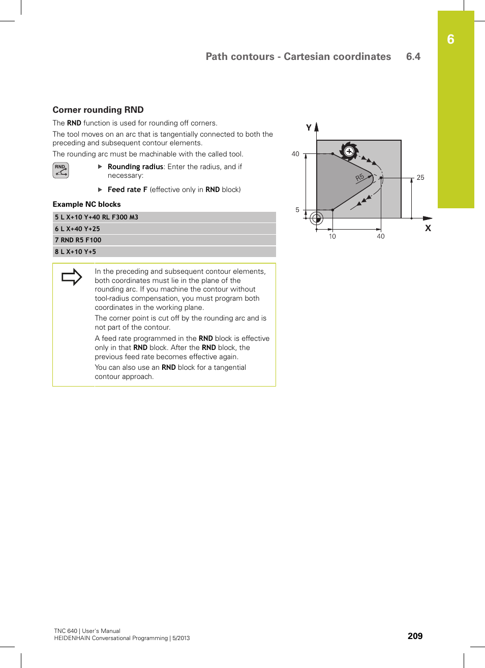 Corner rounding rnd, Path contours - cartesian coordinates 6.4 | HEIDENHAIN TNC 640 (34059x-02) User Manual | Page 209 / 662
