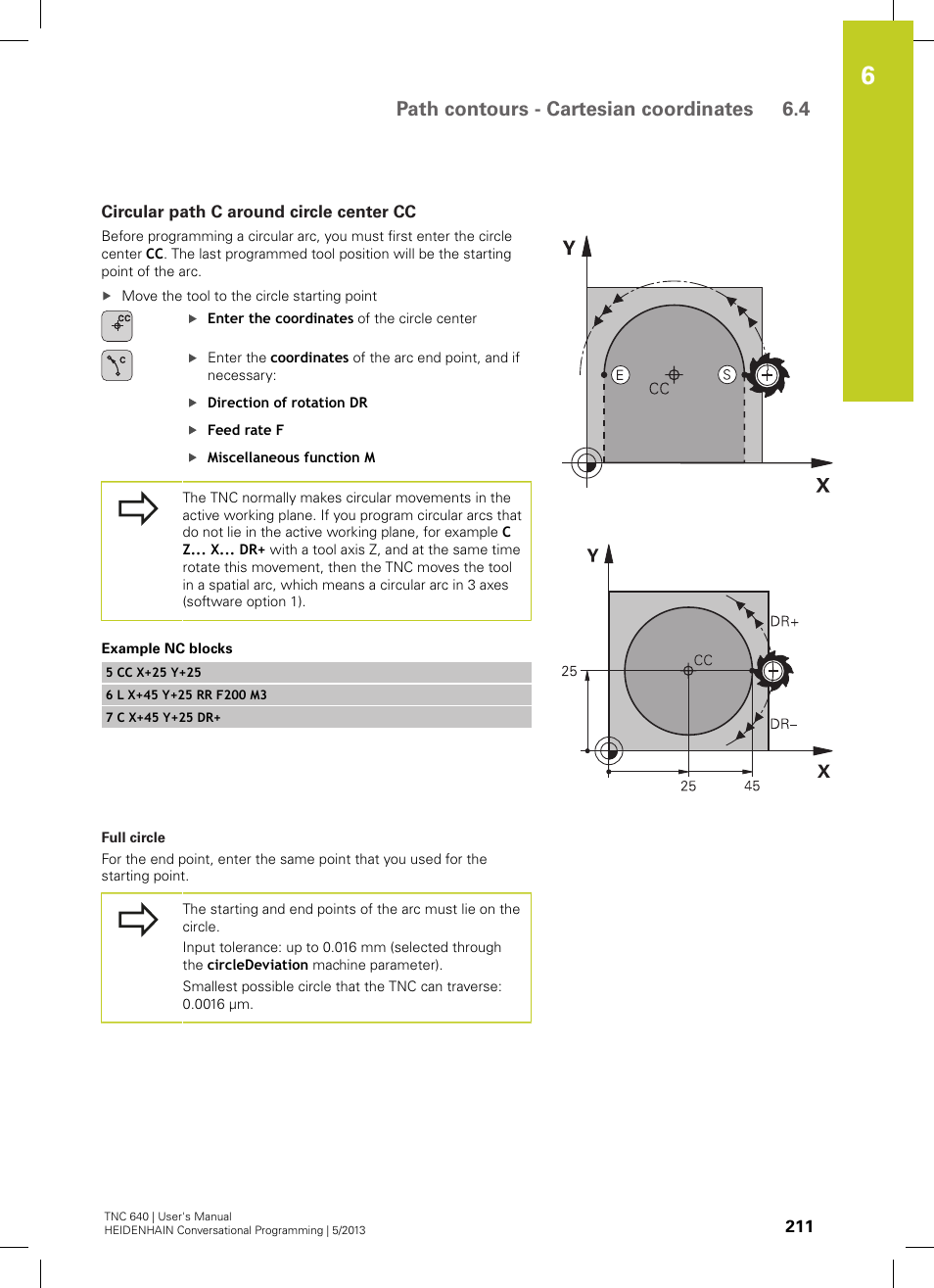 Circular path c around circle center cc, Path contours - cartesian coordinates 6.4 | HEIDENHAIN TNC 640 (34059x-02) User Manual | Page 211 / 662