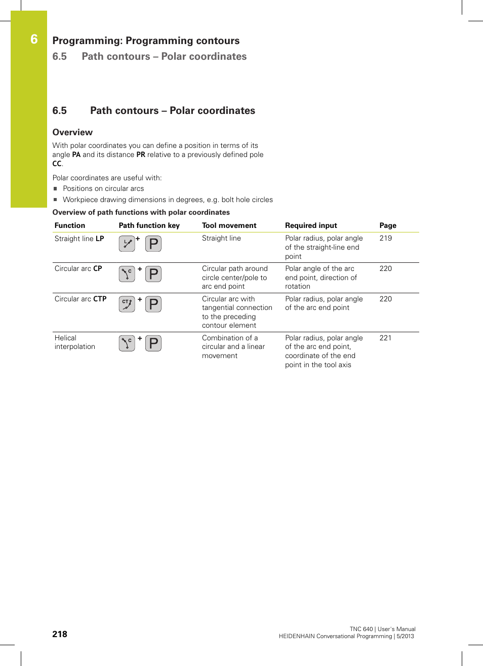 5 path contours – polar coordinates, Overview, Path contours – polar coordinates | HEIDENHAIN TNC 640 (34059x-02) User Manual | Page 218 / 662
