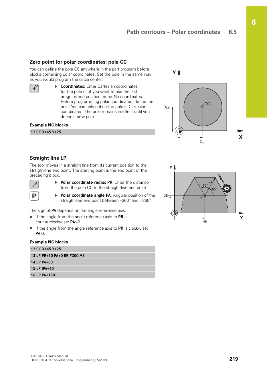Zero point for polar coordinates: pole cc, Straight line lp, Path contours – polar coordinates 6.5 | HEIDENHAIN TNC 640 (34059x-02) User Manual | Page 219 / 662