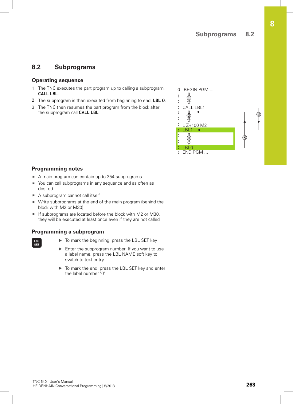 2 subprograms, Operating sequence, Programming notes | Programming a subprogram, Subprograms, Subprograms 8.2 | HEIDENHAIN TNC 640 (34059x-02) User Manual | Page 263 / 662