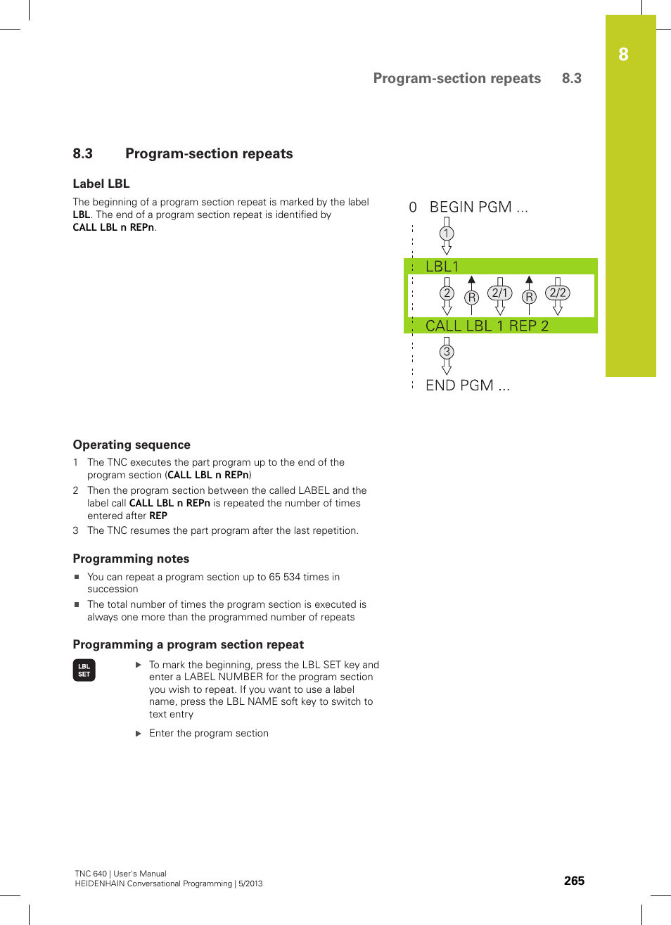 3 program-section repeats, Label lbl, Operating sequence | Programming notes, Programming a program section repeat, Program-section repeats | HEIDENHAIN TNC 640 (34059x-02) User Manual | Page 265 / 662