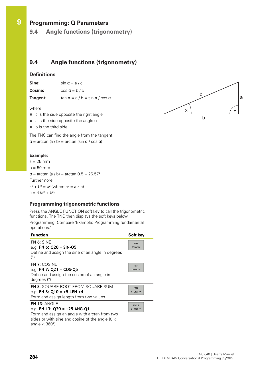 4 angle functions (trigonometry), Definitions, Programming trigonometric functions | Angle functions (trigonometry) | HEIDENHAIN TNC 640 (34059x-02) User Manual | Page 284 / 662