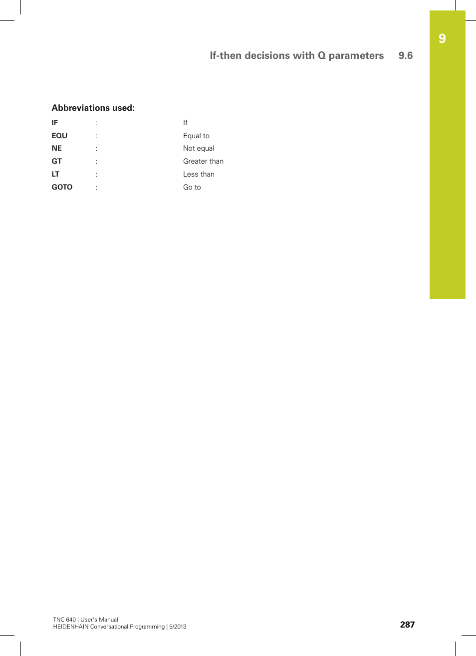 Abbreviations used, If-then decisions with q parameters 9.6 | HEIDENHAIN TNC 640 (34059x-02) User Manual | Page 287 / 662