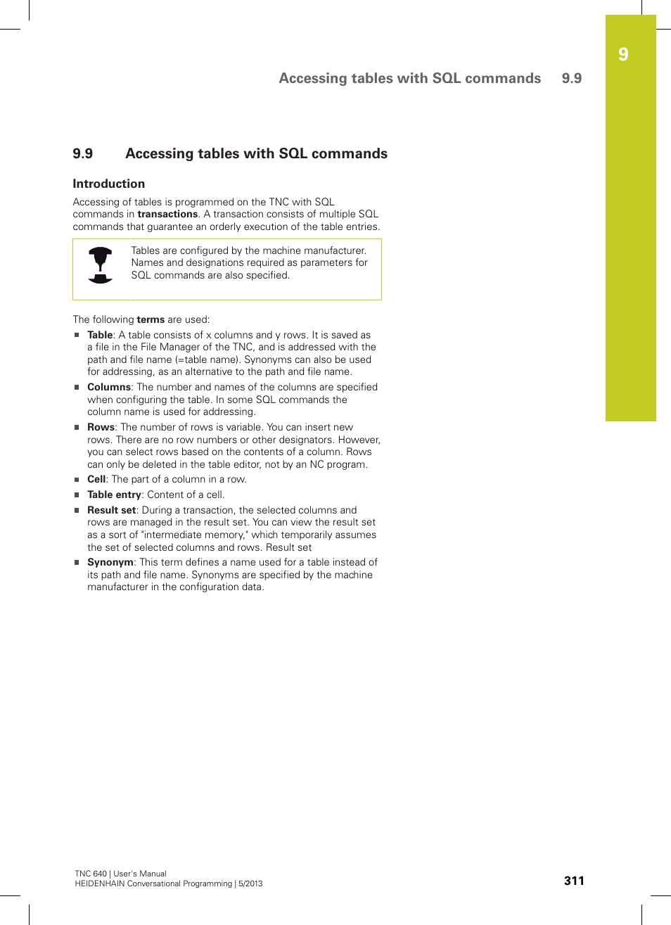 9 accessing tables with sql commands, Introduction, Accessing tables with sql commands | Accessing tables with sql commands 9.9 | HEIDENHAIN TNC 640 (34059x-02) User Manual | Page 311 / 662