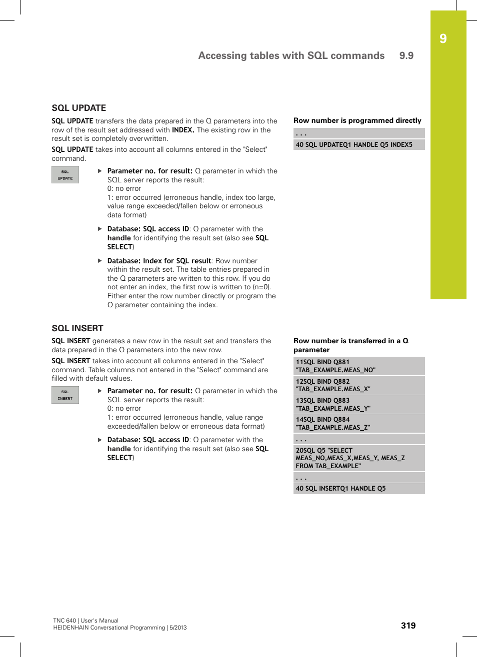 Sql update, Sql insert, Accessing tables with sql commands 9.9 | HEIDENHAIN TNC 640 (34059x-02) User Manual | Page 319 / 662